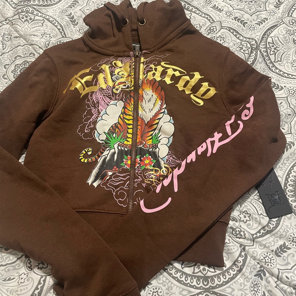 Ed Hardy Chocolate Hoodie with Tiger and Text